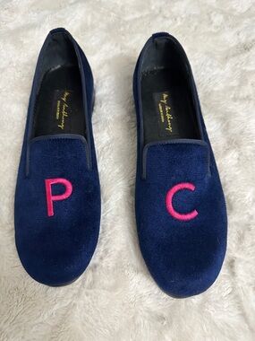 May Anthony monogram blue velvet loafers Sz 10 wide